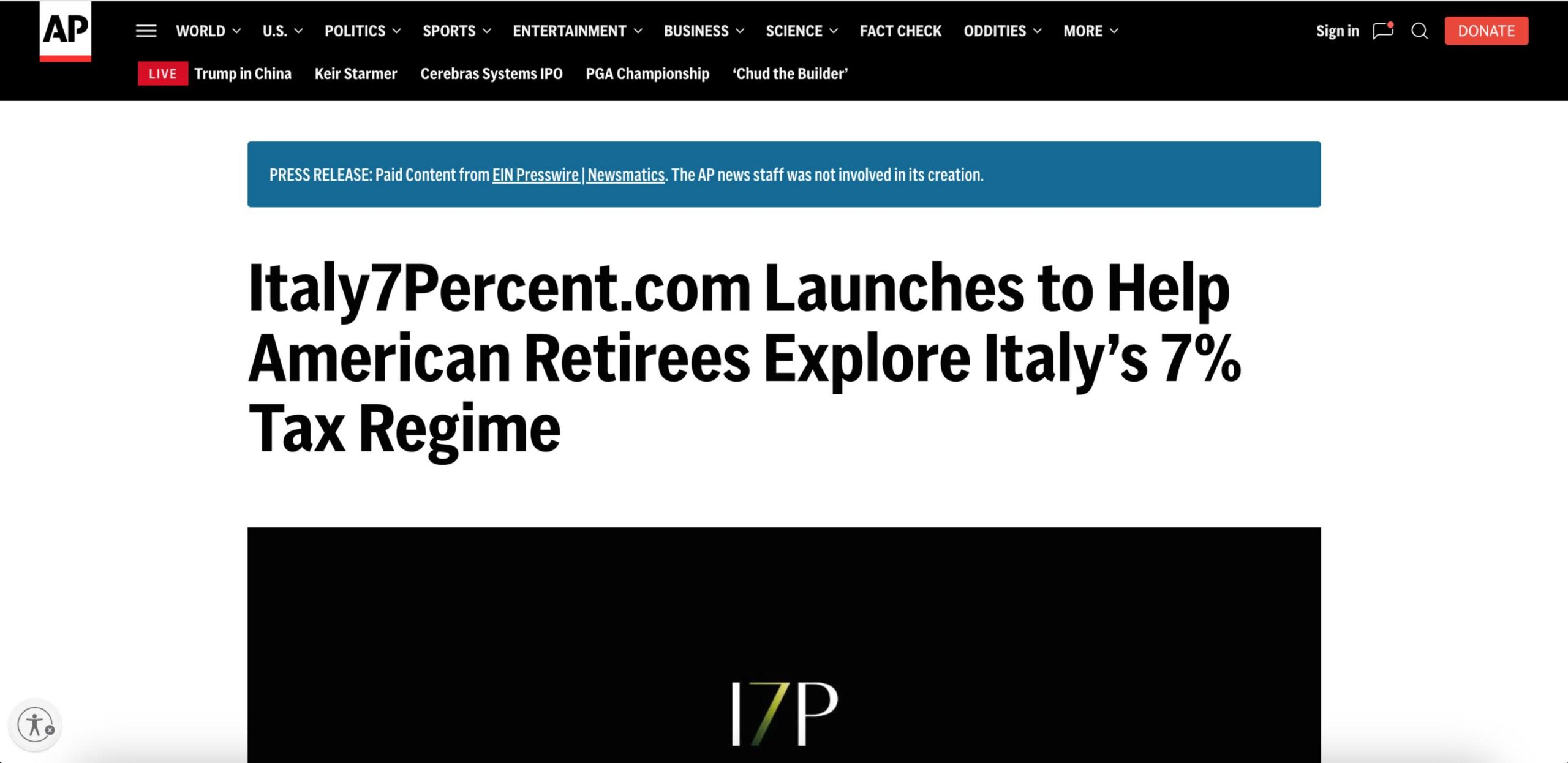 Screenshot of I7P launch press release on AP News