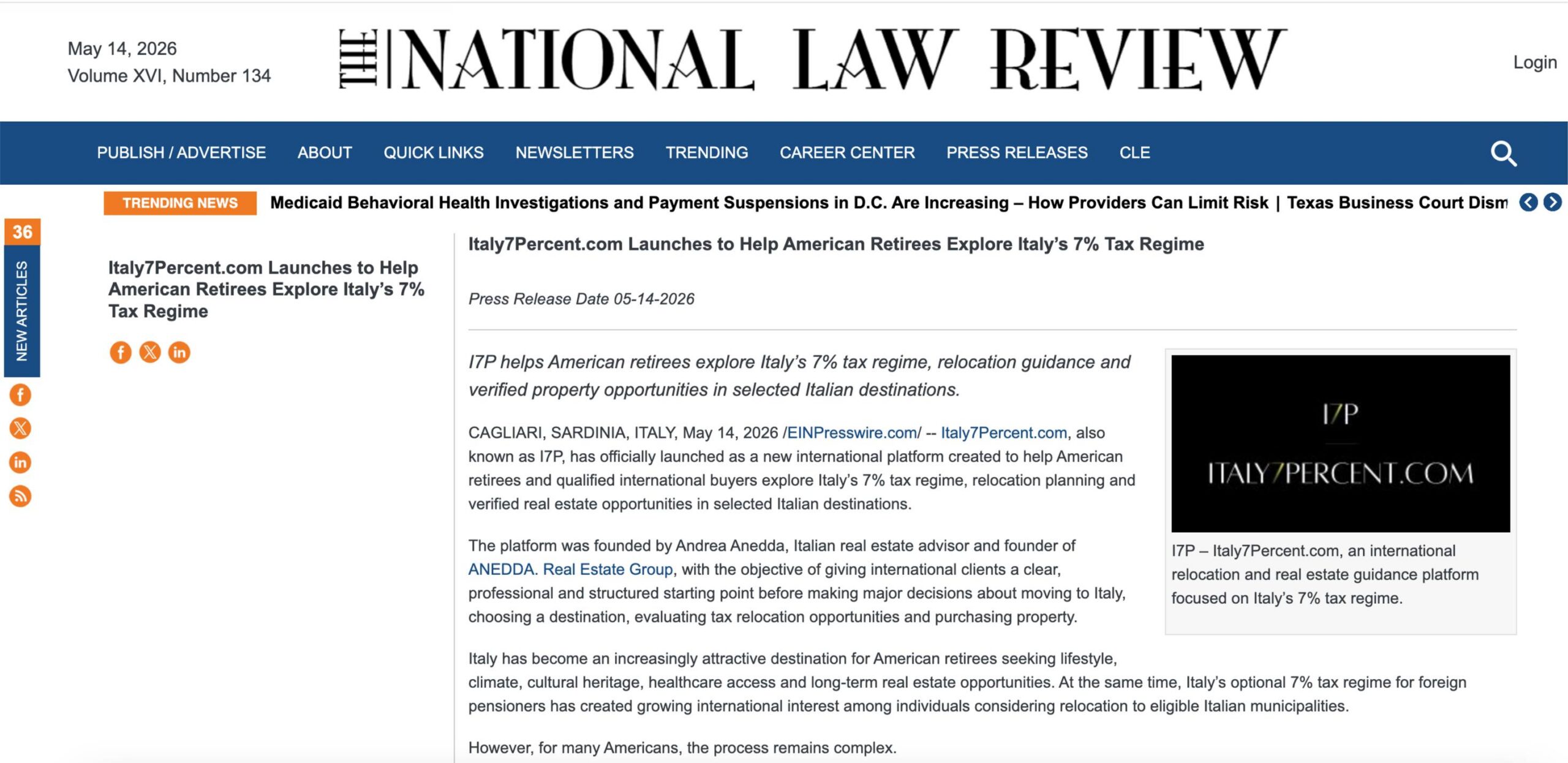 Screenshot of I7P launch press release on The National Law Review