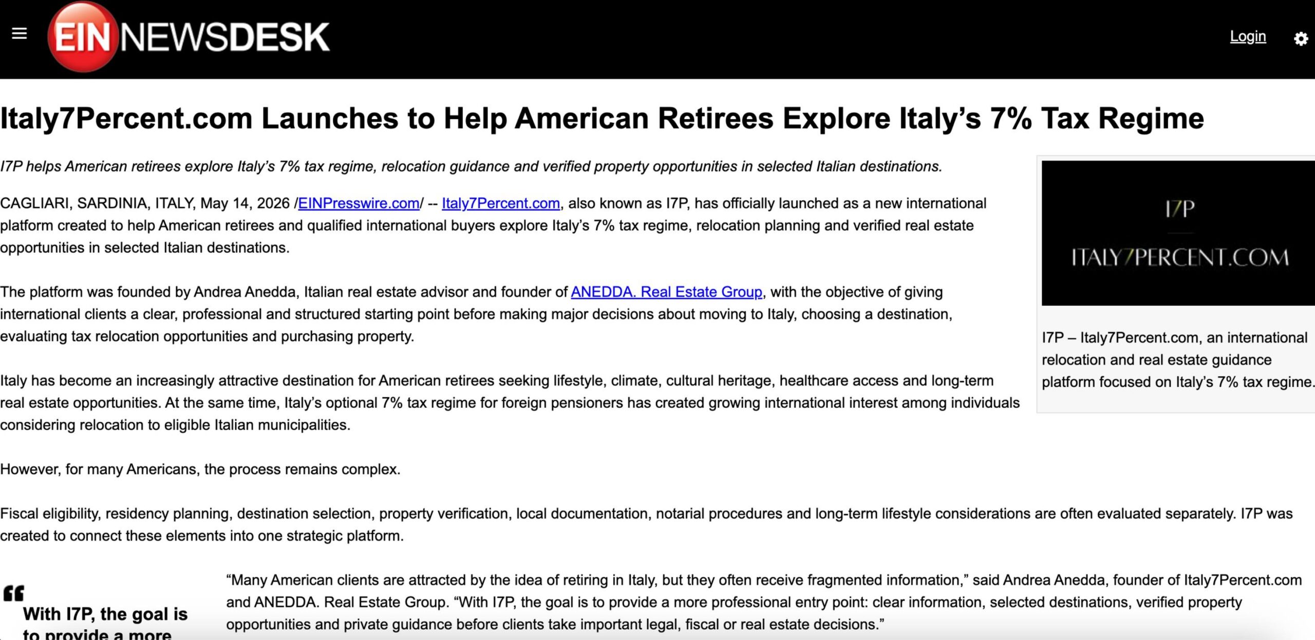 Screenshot of I7P launch press release on World News Report